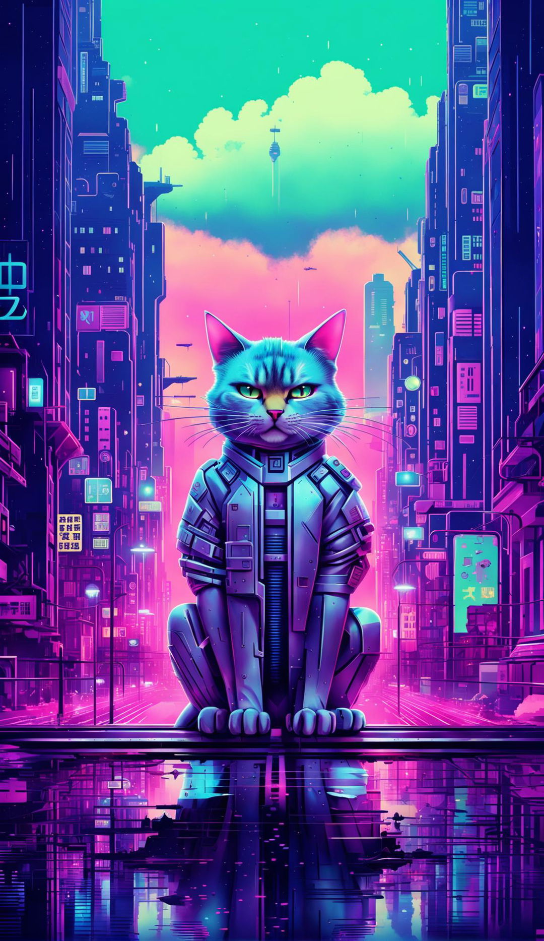 A 32k resolution vintage retro sci-fi anime poster with a Wes Anderson-inspired aesthetic, featuring a cybernetic cat on a futuristic cityscape