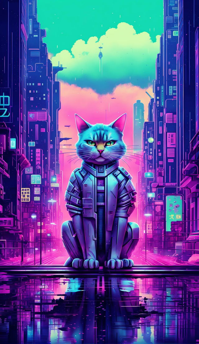 A 32k resolution vintage retro sci-fi anime poster with a Wes Anderson-inspired aesthetic, featuring a cybernetic cat on a futuristic cityscape