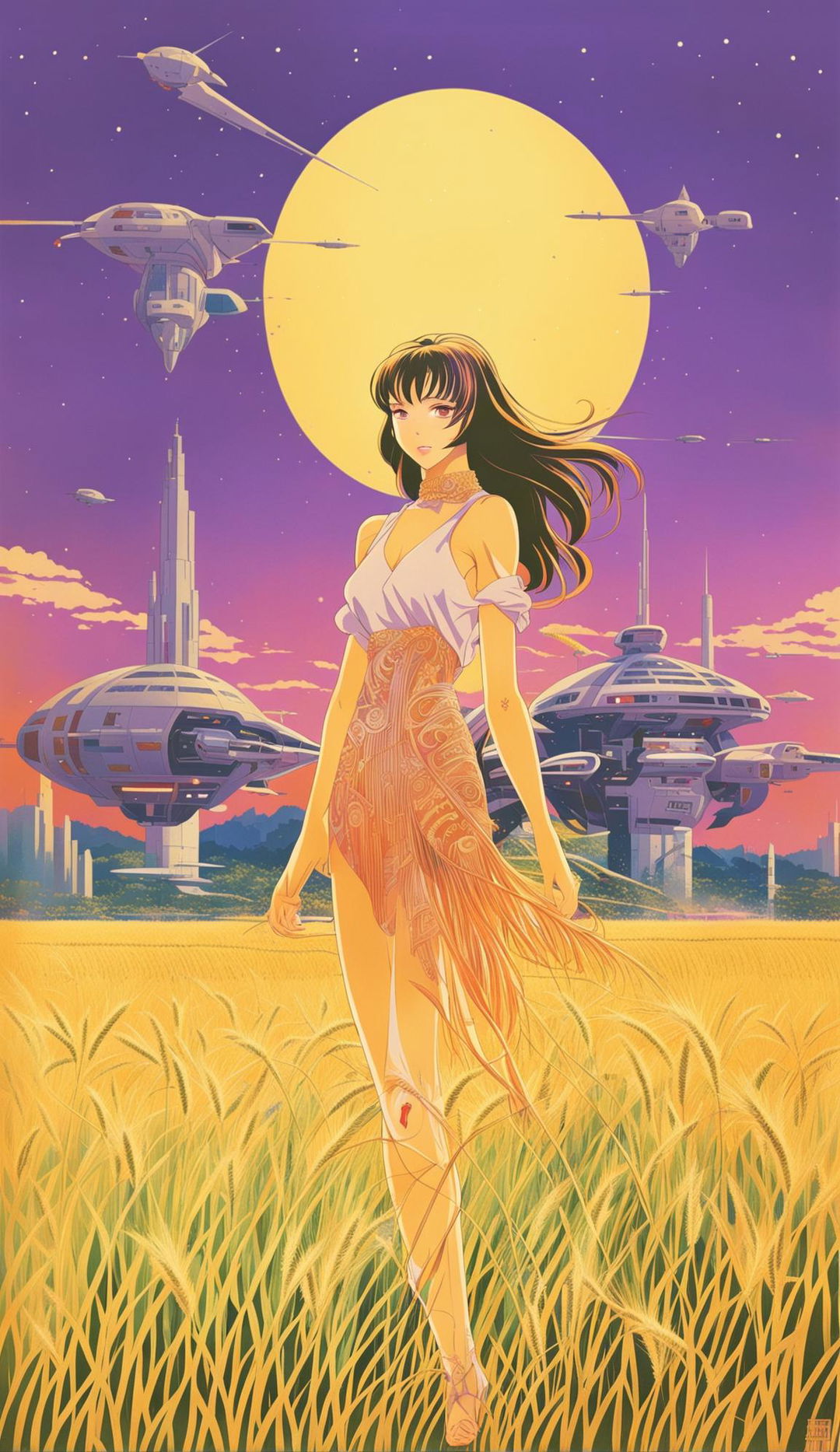 Retro sci-fi anime poster featuring a beautiful anime girl in a wheat field during sunset, with futuristic buildings and vehicles in the background