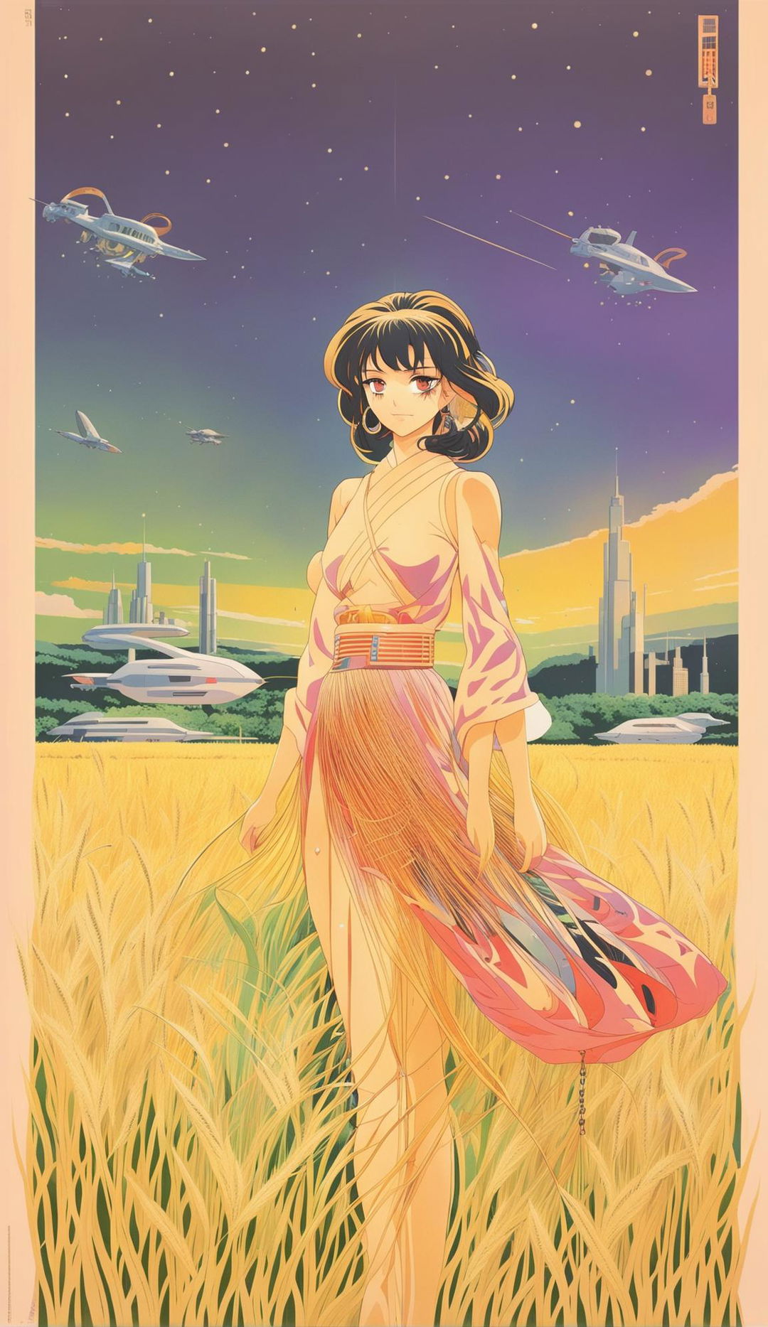 Retro sci-fi anime poster featuring the most beautiful anime girl in a wheat field during sunset, with intricate futuristic buildings and vehicles in the background