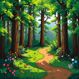 A vibrant 16-bit pixel art background depicting a dense, lush forest scene for a platformer game