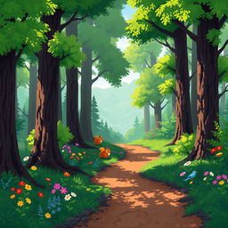 A vibrant 16-bit pixel art background depicting a dense, lush forest scene for a platformer game