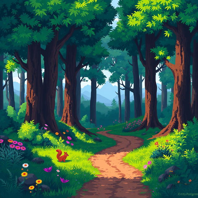 A vibrant 16-bit pixel art background depicting a dense, lush forest scene for a platformer game