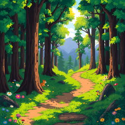 A vibrant 16-bit pixel art background depicting a dense, lush forest scene for a platformer game