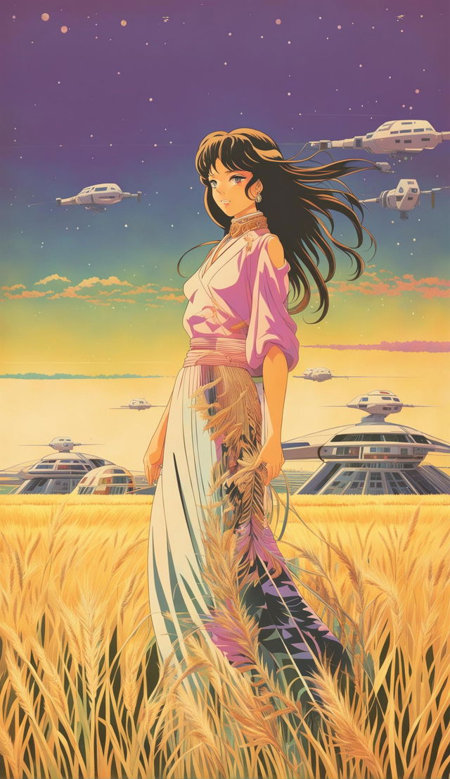 Retro sci-fi anime poster featuring the most beautiful anime girl in a wheat field during sunset, with intricate futuristic buildings and vehicles in the background