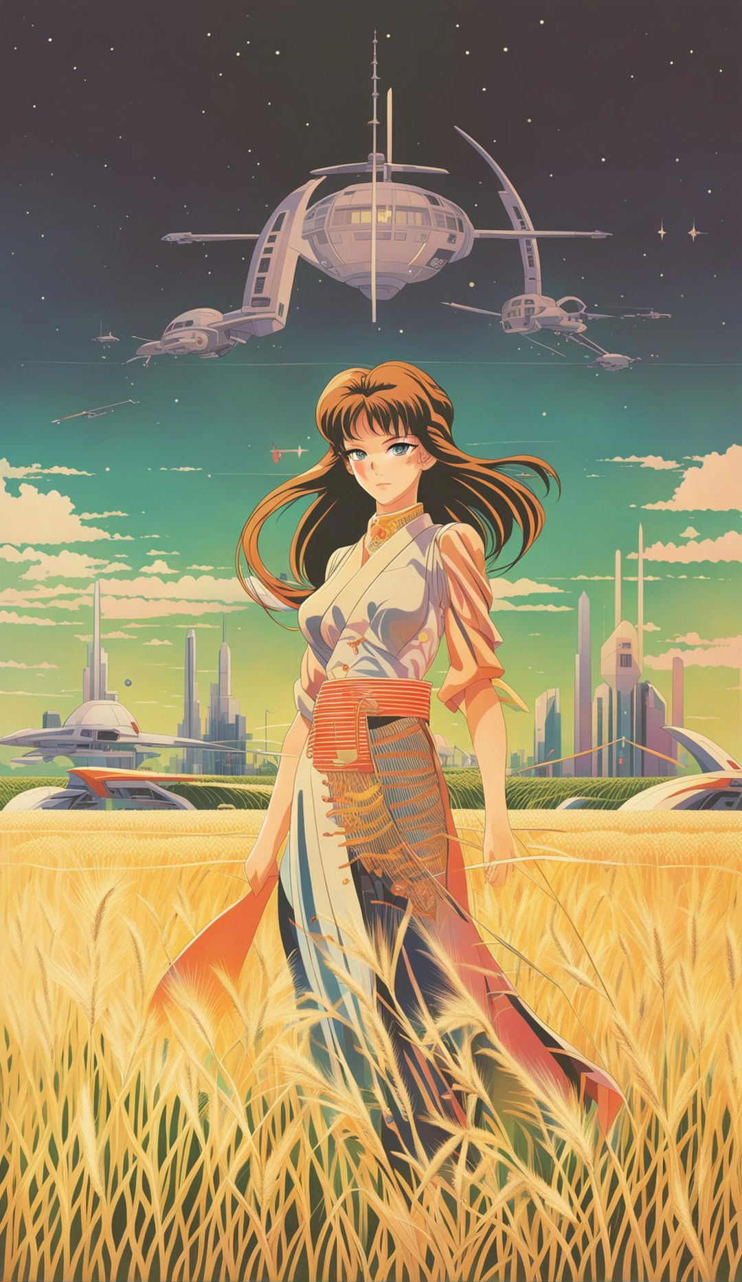 Retro sci-fi anime poster featuring the most beautiful anime girl with a perfect face in a wheat field during sunset, with intricate futuristic buildings and vehicles in the background