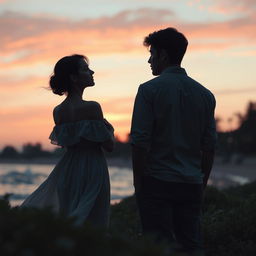 A poignant scene depicting two lovers looking at each other from a distance, filled with sorrow and longing