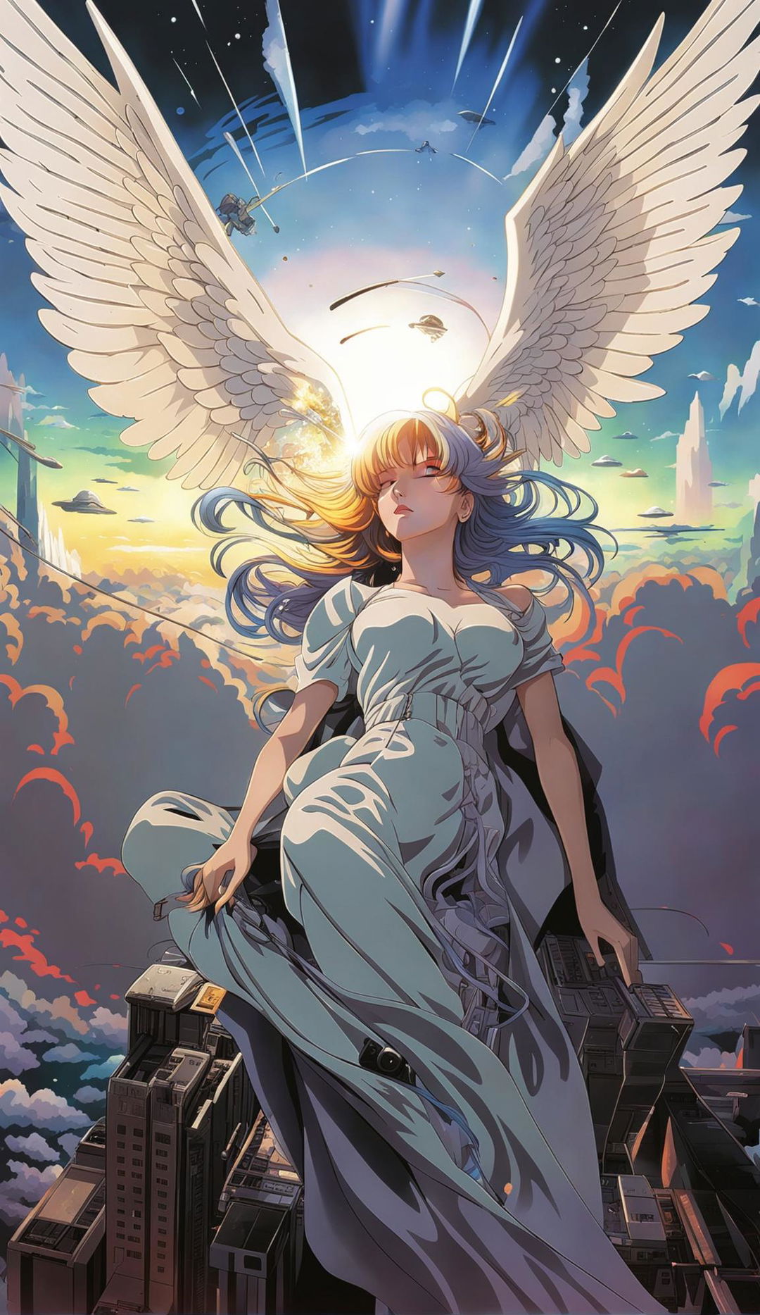 32k detailed anime poster of a beautiful anime angel asleep above the clouds in a future dystopic setting.