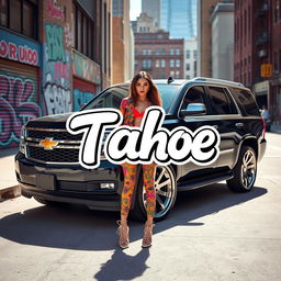 A black Chevrolet Tahoe parked in an urban city setting, showcasing custom rims that sparkle in the sunlight