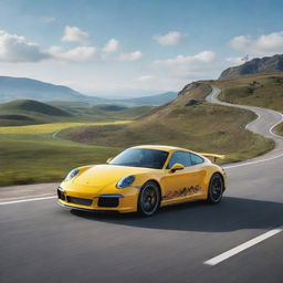 A sleek Porsche 911 cruising through a landscape inspired by the Pokemon world, with various colorful and unique Pokemon roaming around