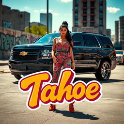 A black Chevrolet Tahoe parked in an urban city setting, showcasing custom rims that sparkle in the sunlight