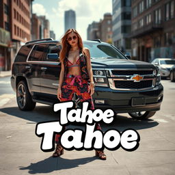 A black Chevrolet Tahoe parked in an urban city setting, showcasing custom rims that sparkle in the sunlight