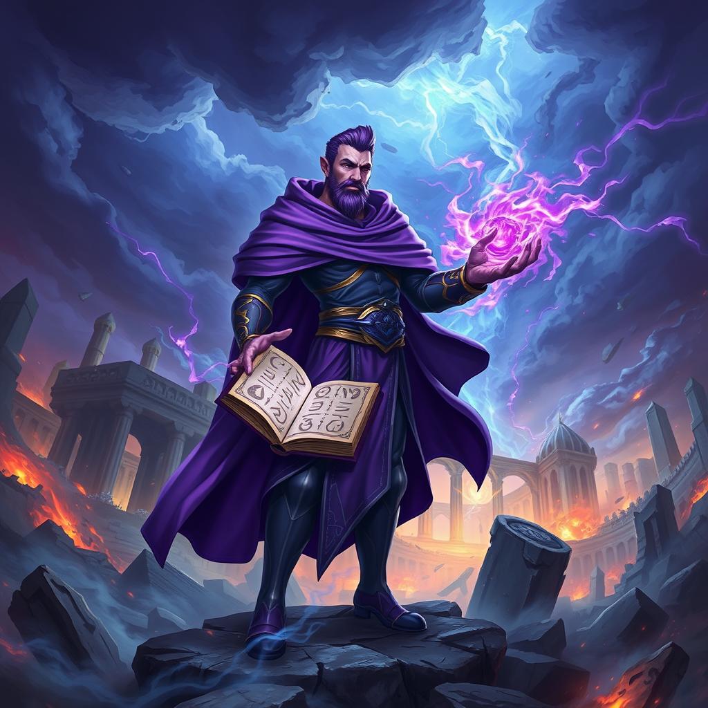 Purple Ryze from League of Legends, showcasing his default skin, stands confidently against a backdrop of destruction from the Runic Wars