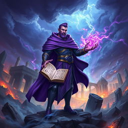 Purple Ryze from League of Legends, showcasing his default skin, stands confidently against a backdrop of destruction from the Runic Wars