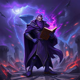 Purple Ryze from League of Legends, showcasing his default skin, stands confidently against a backdrop of destruction from the Runic Wars