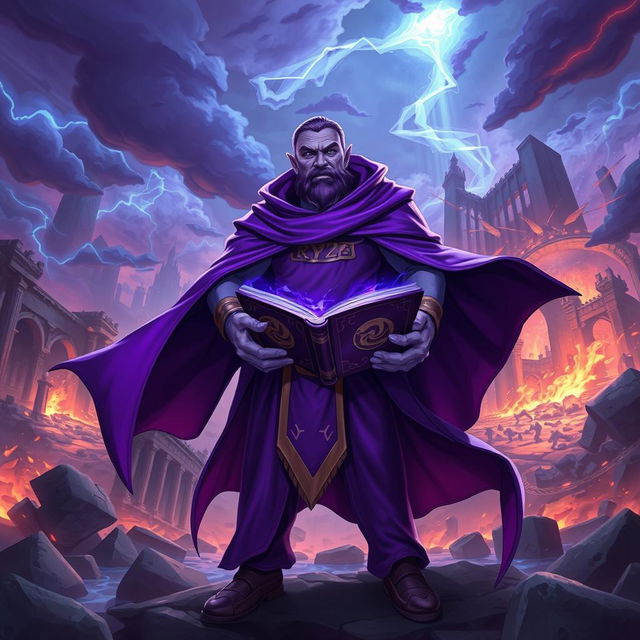 Purple Ryze from League of Legends, showcasing his default skin, stands confidently against a backdrop of destruction from the Runic Wars