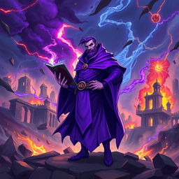 Purple Ryze from League of Legends, showcasing his default skin, stands confidently against a backdrop of destruction from the Runic Wars