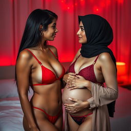 A tender and intimate scene featuring a beautiful Indian woman with long black hair and a fit figure in a sexy red bikini, wearing a strapon