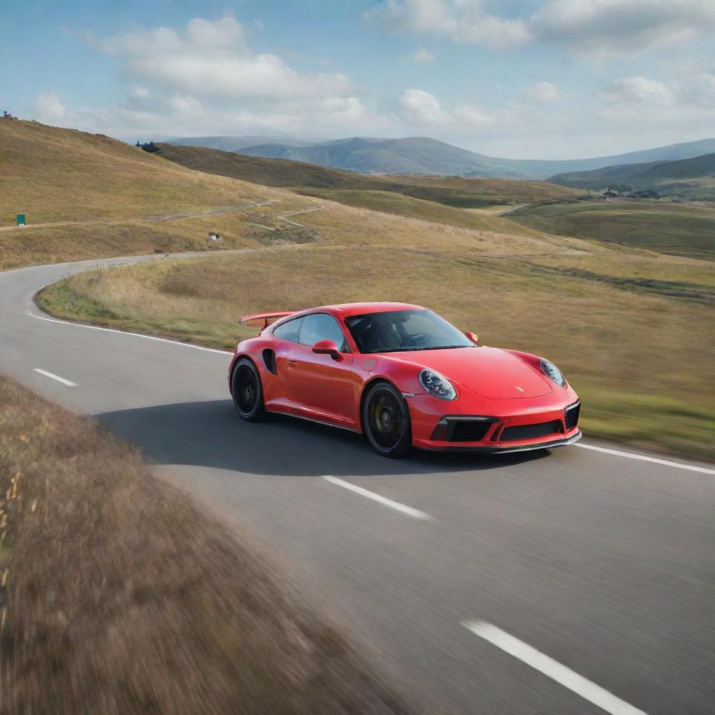 A sleek Porsche 911 cruising through a landscape inspired by the Pokemon world, with various colorful and unique Pokemon roaming around