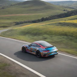 A sleek Porsche 911 cruising through a landscape inspired by the Pokemon world, with various colorful and unique Pokemon roaming around