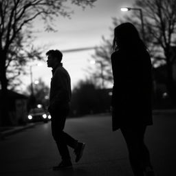 A poignant black and white scene capturing a sad love story, featuring a man and a woman walking in opposite directions on a dimly lit street during the evening