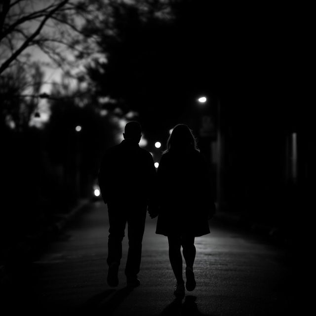 A poignant black and white scene capturing a sad love story, featuring a man and a woman walking in opposite directions on a dimly lit street during the evening