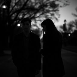 A poignant black and white scene capturing a sad love story, featuring a man and a woman walking in opposite directions on a dimly lit street during the evening