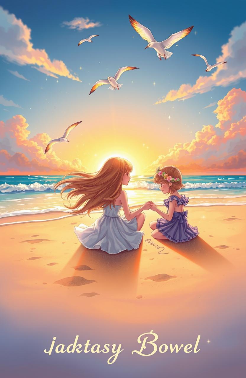 A beautiful book cover depicting a beach scene with two girls sitting in the soft, golden sand