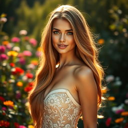 A stunning portrait of a glamorous model with long flowing hair, dressed in an elegant gown adorned with intricate lace