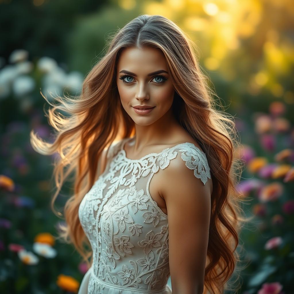 A stunning portrait of a glamorous model with long flowing hair, dressed in an elegant gown adorned with intricate lace