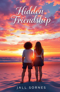 A captivating book cover depicting two teenagers standing together on a sandy beach, gazing at a stunning sunset
