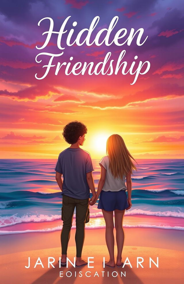 A captivating book cover depicting two teenagers standing together on a sandy beach, gazing at a stunning sunset