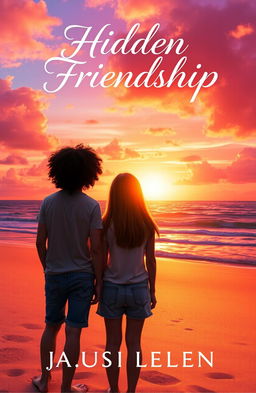 A captivating book cover depicting two teenagers standing together on a sandy beach, gazing at a stunning sunset
