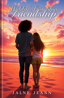 A captivating book cover depicting two teenagers standing together on a sandy beach, gazing at a stunning sunset