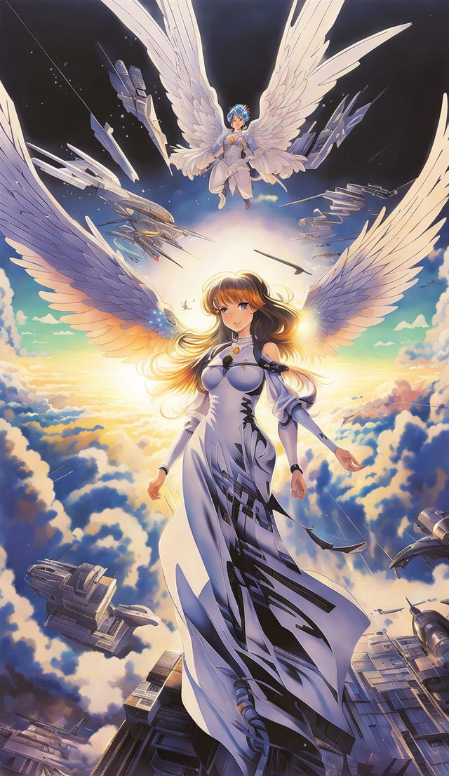 32k detailed anime poster of a beautiful anime angel floating above the clouds in a future dystopic setting.