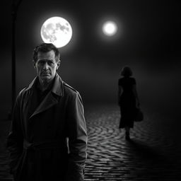 A poignant black and white scene capturing a man walking towards the viewer, his face showing a mix of sadness and longing