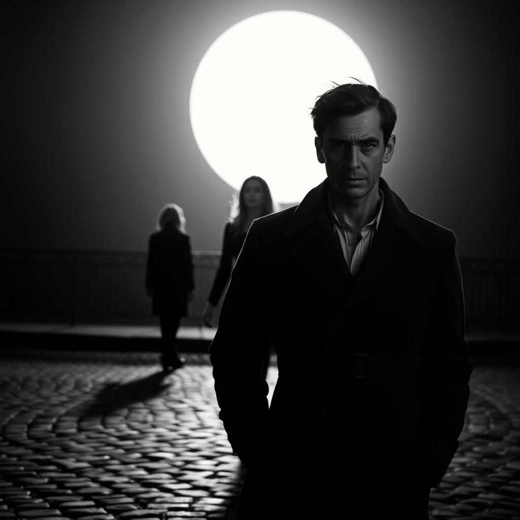 A poignant black and white scene capturing a man walking towards the viewer, his face showing a mix of sadness and longing