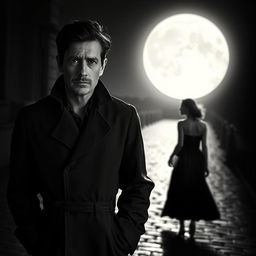A poignant black and white scene capturing a man walking towards the viewer, his face showing a mix of sadness and longing