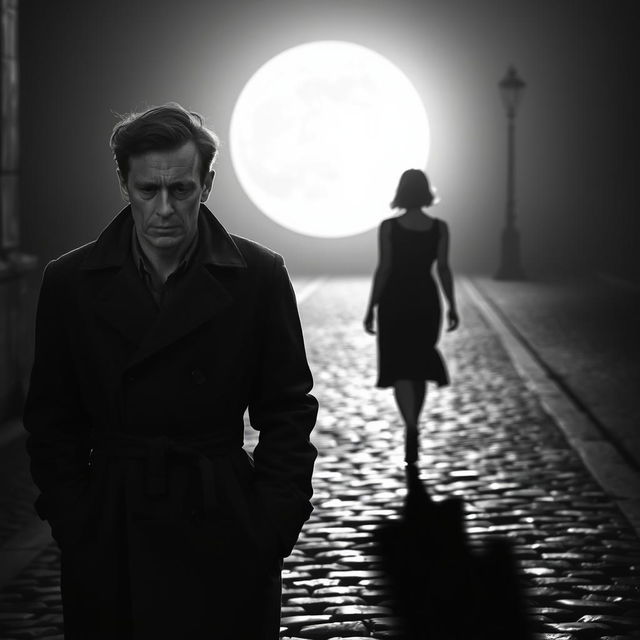 A poignant black and white scene capturing a man walking towards the viewer, his face showing a mix of sadness and longing