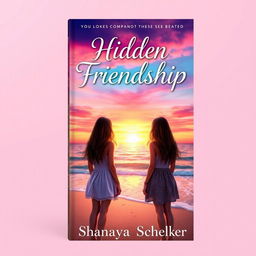 A beautiful book cover design featuring two teenage girls standing side by side on a sandy beach, gazing at a vibrant sunset that paints the sky with hues of pink, orange, and purple