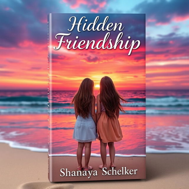 A beautiful book cover design featuring two teenage girls standing side by side on a sandy beach, gazing at a vibrant sunset that paints the sky with hues of pink, orange, and purple