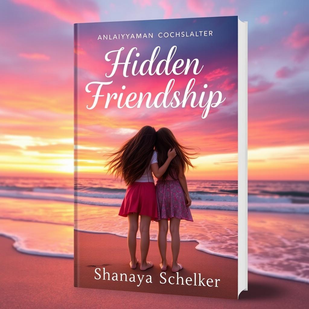 A beautiful book cover design featuring two teenage girls standing side by side on a sandy beach, gazing at a vibrant sunset that paints the sky with hues of pink, orange, and purple