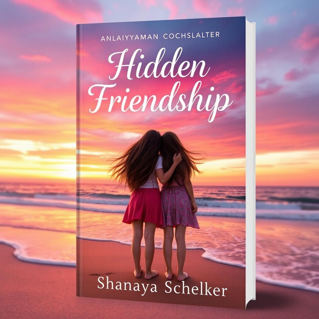 A beautiful book cover design featuring two teenage girls standing side by side on a sandy beach, gazing at a vibrant sunset that paints the sky with hues of pink, orange, and purple