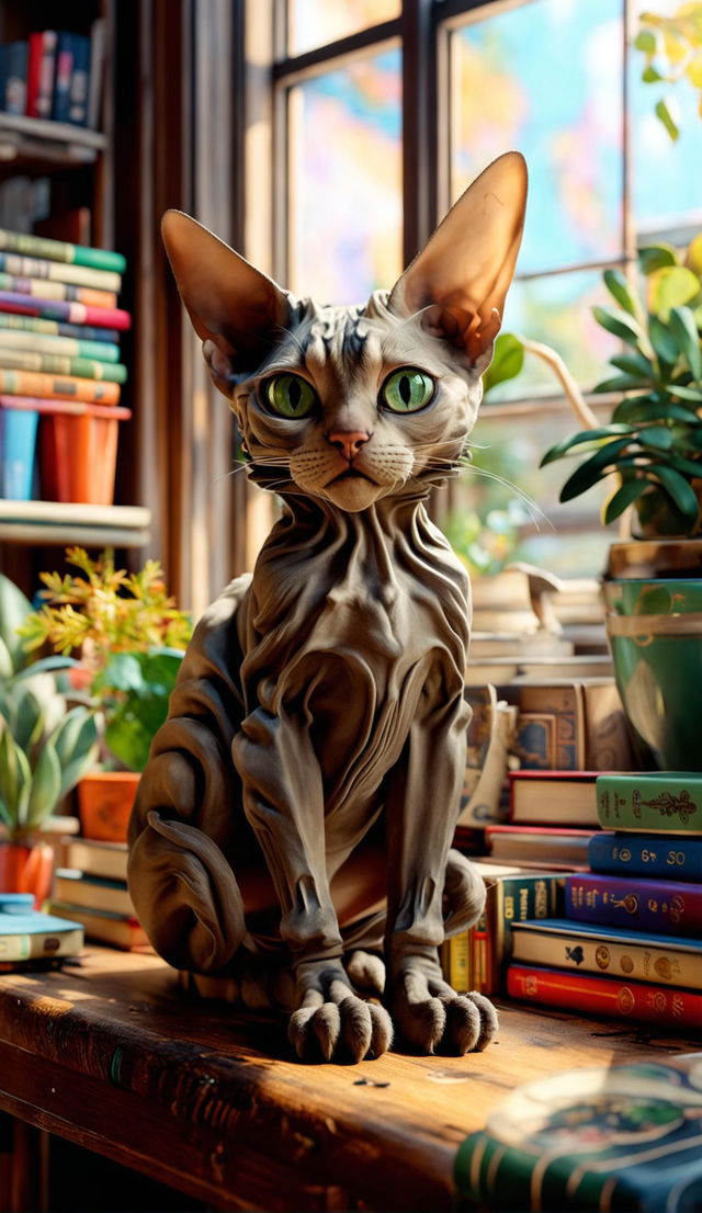 A Devon Rex cat with a smoke-grey coat and emerald green eyes sits on a vintage wooden table in a cozy room filled with books and plants