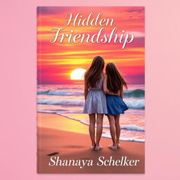 A beautiful book cover design featuring two teenage girls standing side by side on a sandy beach, gazing at a vibrant sunset that paints the sky with hues of pink, orange, and purple