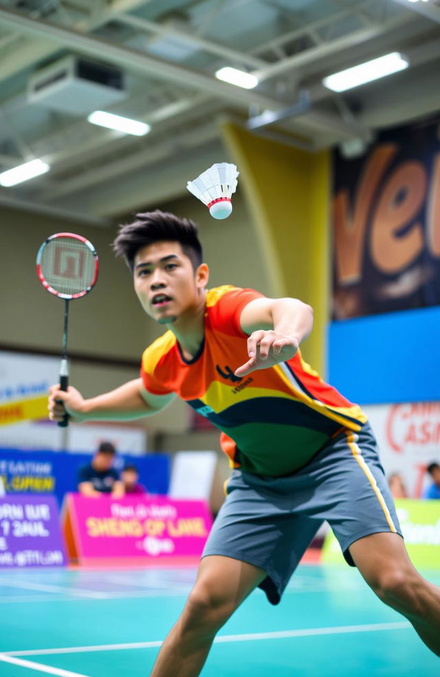 A dynamic badminton match taking place on a vibrant indoor court, showcasing a thrilling moment