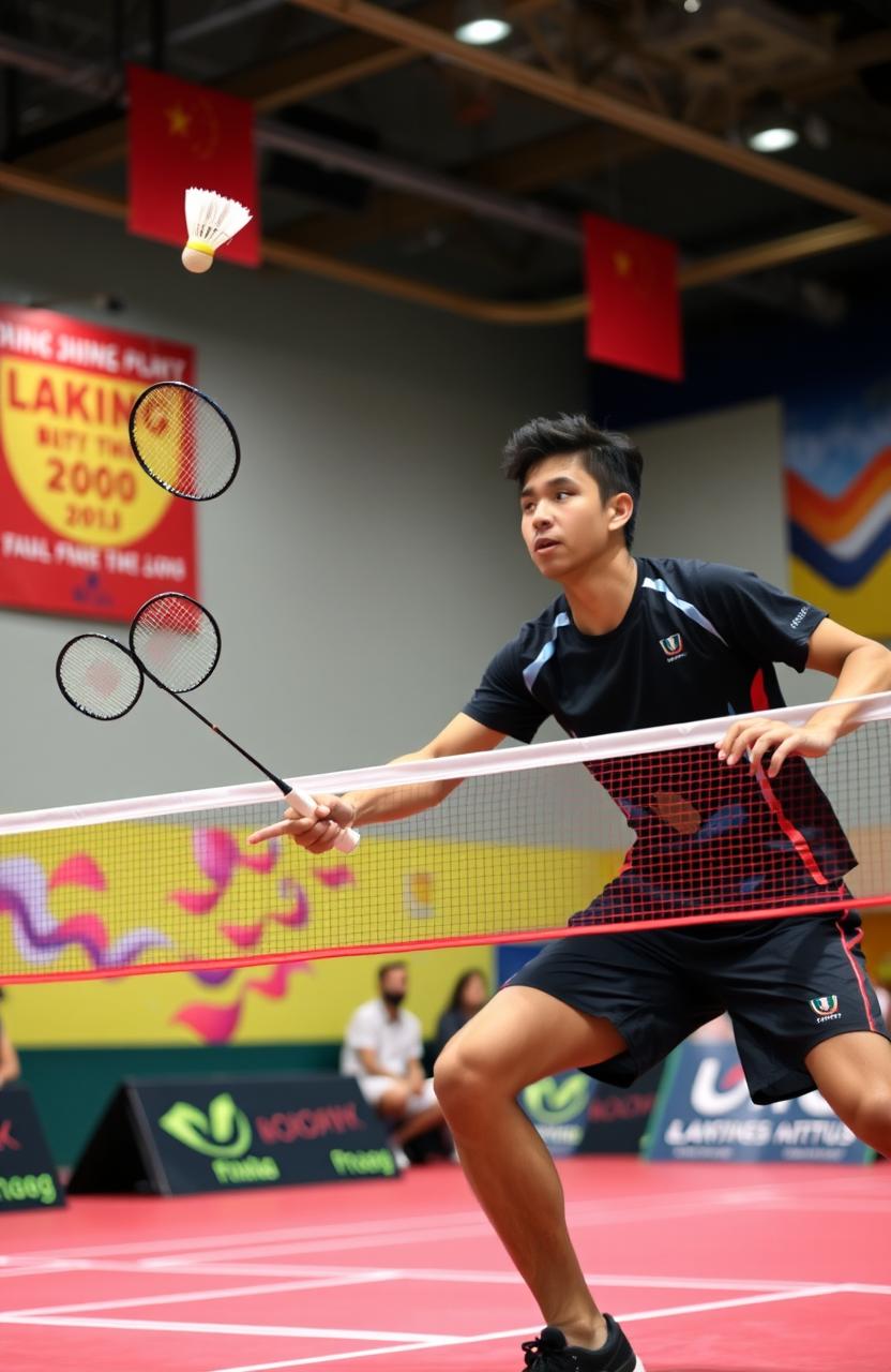 A dynamic badminton match taking place on a vibrant indoor court, showcasing a thrilling moment