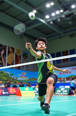 A dynamic badminton match taking place on a vibrant indoor court, showcasing a thrilling moment