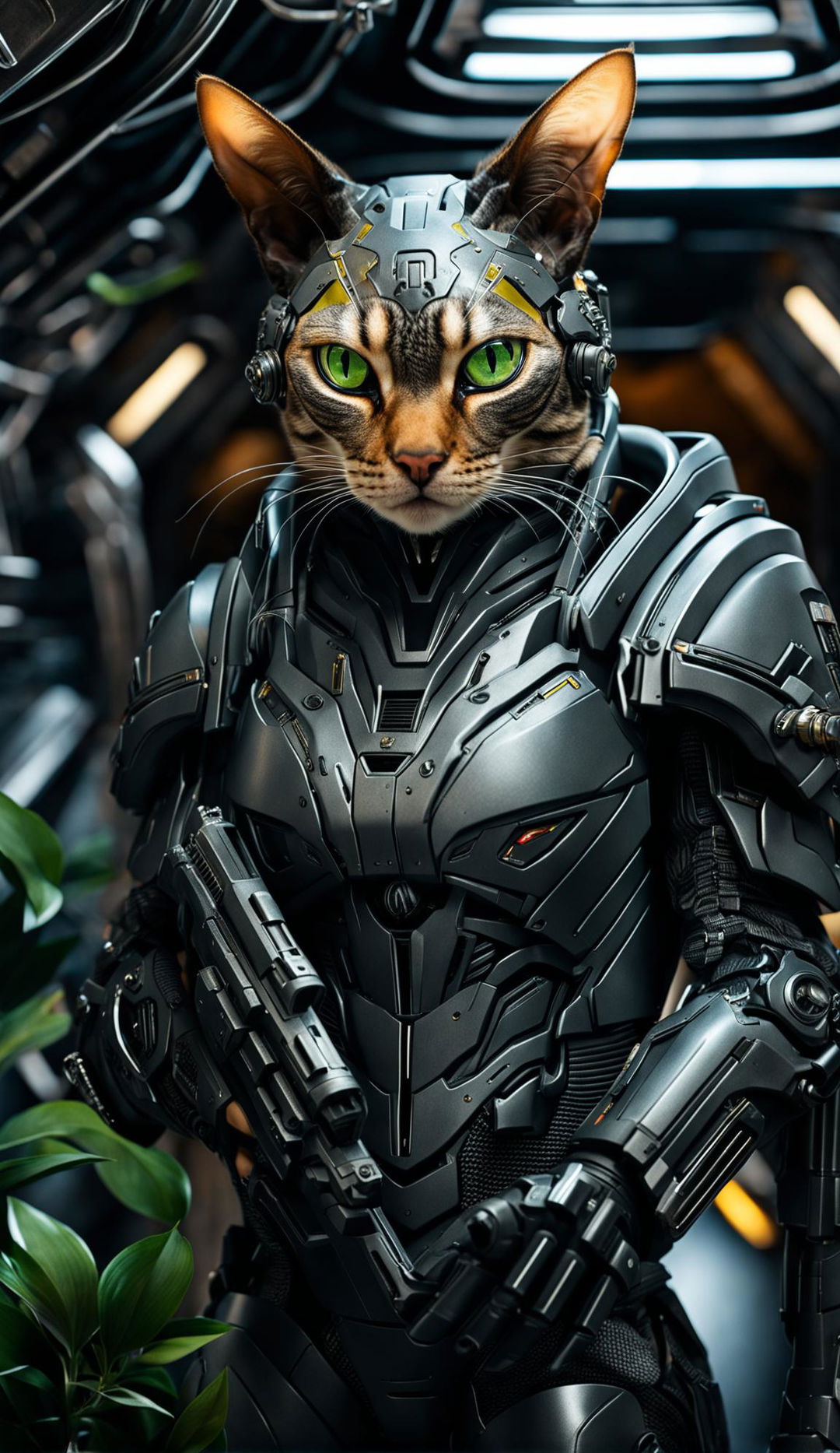 A Devon Rex cat in high-tech space marine armor stands in the interior of a spaceship.