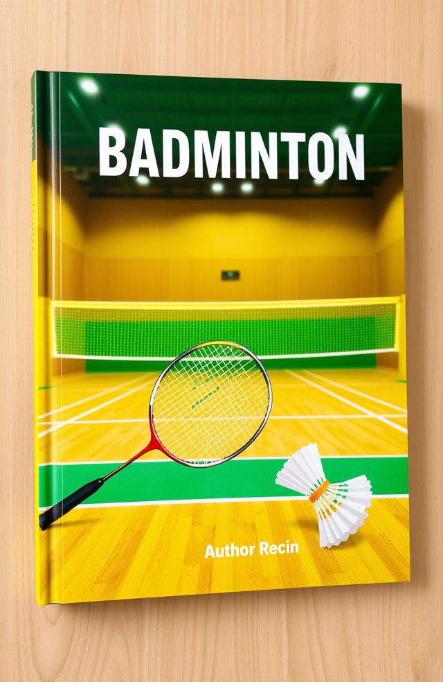 A vibrant book cover featuring a badminton court as the background, showcasing a well-maintained wooden floor, marked boundaries, and a bright colored net stretched across the center